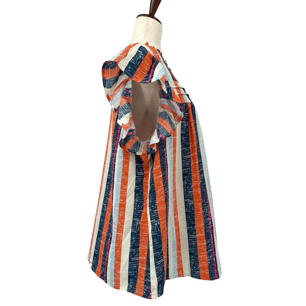 SHEWIN Flutter Sleeve Blouse Navy & Orange Stripe Ruffle Neck Women's 2XL - Picture 3 of 11